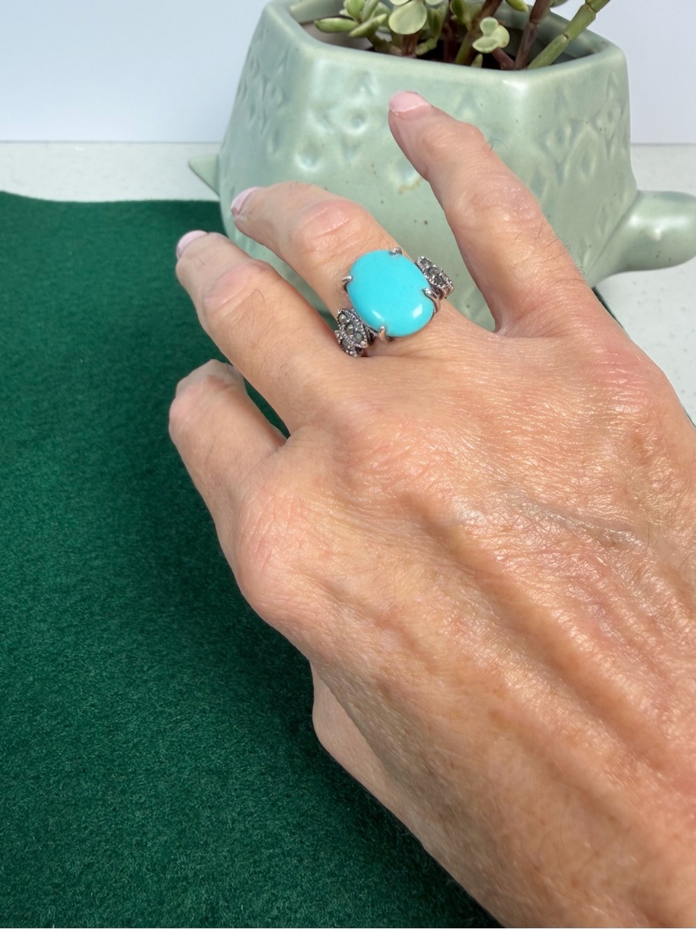 925 Sterling Silver Turquoise Look Oval Statement Ring | Marcasite Accent Ring